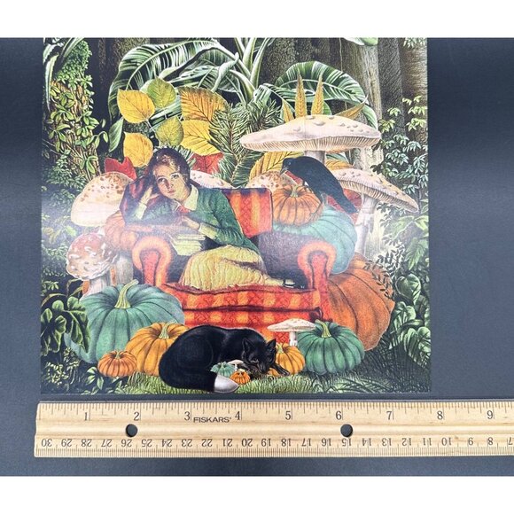 Surreal Art Print By Bev Acton Halloween Pumpkin Black Cat Mushroom 8 In by 8 In - Picture 7 of 7